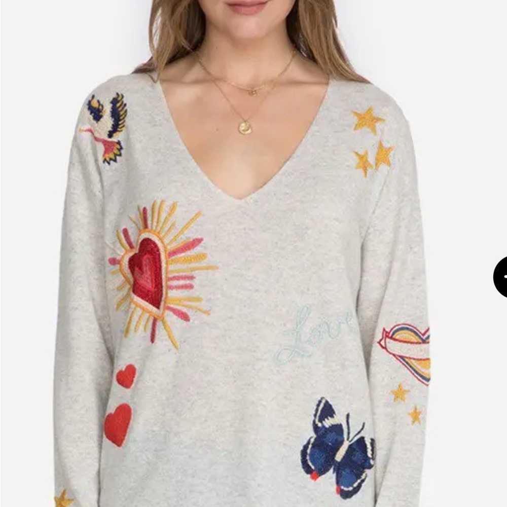 Johnny Was Grey V-Neck Embroidered Sweater with Colorful Graphics